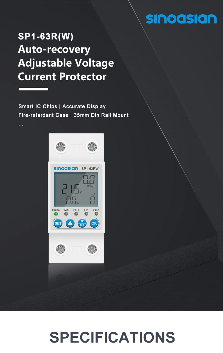 Sinoasian LCD Display 1-63A WiFi Control Adjustable Over Under Voltage Residual Current Protector Manufacturer